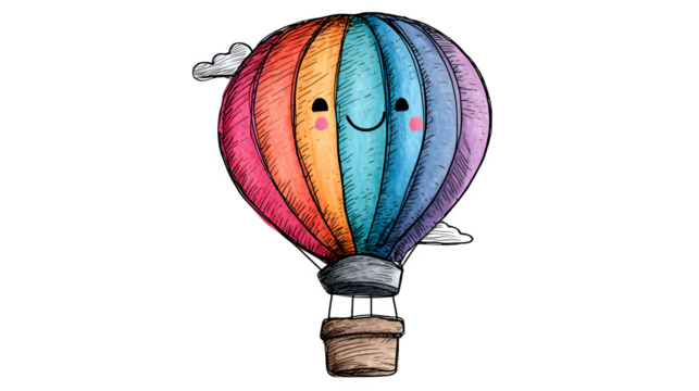 A doodle hot air balloon with a smiling basket and a colorful, striped balloon, isolated on a Transparent Background