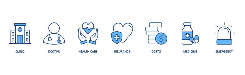 Medicare concept banner icon contain of clinic, doctor, health care, insurance, costs, medicine, and emergency vector illustration
