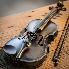 Vintage Iron Violin on Wooden Surface with Intricate Craftsmanship