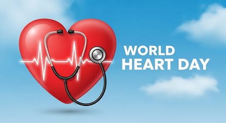 Realistic red heart with a stethoscope and cardiogram for cardiovascular health awareness