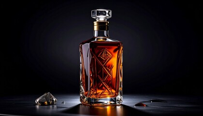 Faceted glass decanter with amber liquor and stopper on dark surface, highlighting elegance and contrast.