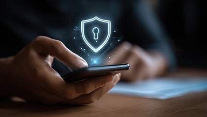 Close-up of hands holding a phone with a security shield graphic overlaying
