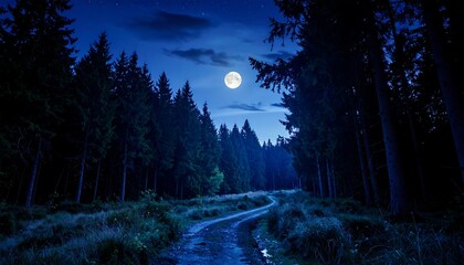 Moonlit forest path at night