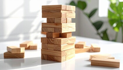 Partially played Jenga tower with missing block on wooden surface, highlighting balance and strategy.