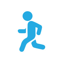 A simple blue vector icon of a running man. This minimalist pictogram symbolizes exercise, speed, and an active lifestyle, isolated on a white background