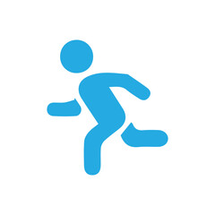 Simple blue icon of a running person in a dynamic pose. Stylized vector silhouette representing speed, fitness, exercise, and an active lifestyle, isolated on a white background