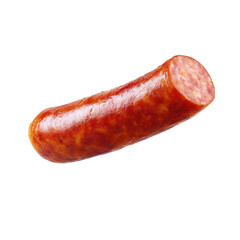 A sliced sausage, reddish-brown in color, angled slightly, isolated on black
