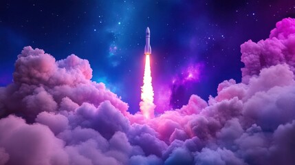 Colorful space rocket blasting off into stars, thick swirling clouds below catching the vibrant light of the launch.