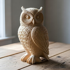 Intricately Carved Wooden Owl Sculpture on Rustic Table