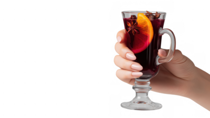 Hand holding a glass of warm mulled wine with spices, created AI, PNG