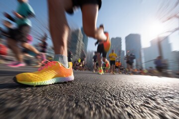 Motion blur of runners’ legs during city marathon with colorful sneakers and sunlit asphalt. Urban race energy captured from low angle with blurred background buildings