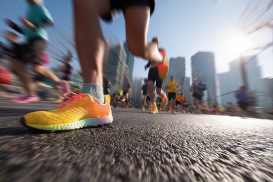 Motion blur of runners’ legs during city marathon with colorful sneakers and sunlit asphalt. Urban race energy captured from low angle with blurred background buildings