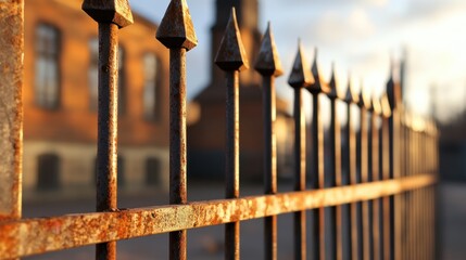 Corroded metal fence up close, with warm sunlight creating a dramatic contrast
