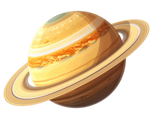 A vibrant illustration of Saturn, showcasing its prominent ring system and swirling, yellowish-brown atmospheric bands