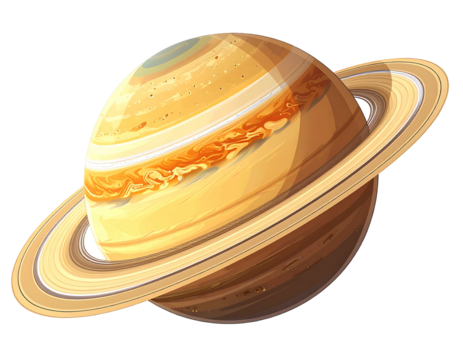A vibrant illustration of Saturn, showcasing its prominent ring system and swirling, yellowish-brown atmospheric bands