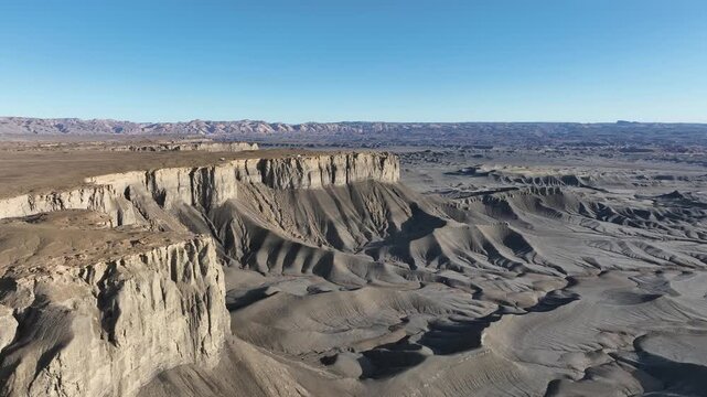 Aerial video of moonscape overlook landscape in goblin valley state park, Utah, USA