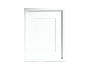 A clean, minimalist white picture frame with a slightly recessed inner border, sits against a black background.  The frame is rectangular, showcasing a plain white mat and empty space for artwork