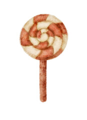 A digital watercolor illustration of a classic swirly lollipop, perfect for festive and candy-themed designs.