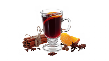 Mulled wine with orange slices in a glass, created AI, PNG