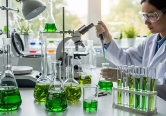 A female scientist works with test tubes in a laboratory, conducting a chemistry experiment botanical extracts