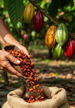 Hands of a cacao farmer pouring fermented cocoa beans into a burlap sack, in a farm, tree and colorful pods in the background