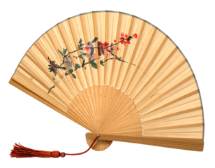 Light-tan hand fan, bamboo slats, floral & bird painted design, red tassel