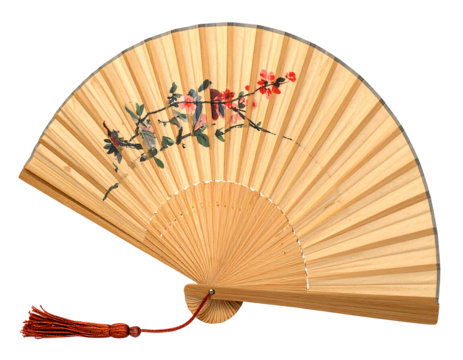 Light-tan hand fan, bamboo slats, floral & bird painted design, red tassel