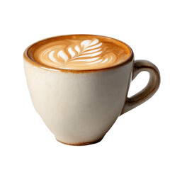 Creamy latte in a beige mug with latte art