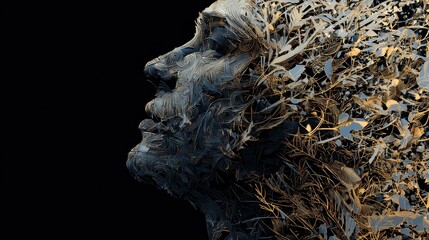 Ephemeral Mind: A striking artistic depiction of a human face seemingly disintegrating, showcasing the complexities of thoughts and memory and the passage of time.