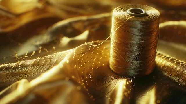 A spool of thread resting on a piece of fabric