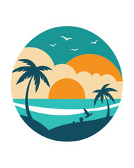 Tropical sunset with palm trees and ocean waves, a serene beach scene with birds flying in the sky