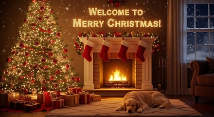 Cozy Christmas Scene with Tree, Fireplace, and Sleeping Dog.