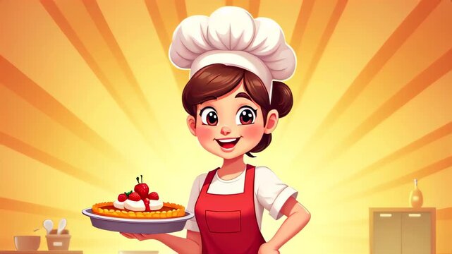 Cartoon of a woman in a chef ' s hat holding a plate of food