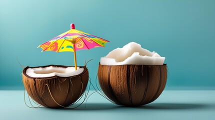 a freshly opened coconut with a small decorative umbrella inside it