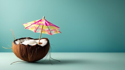 a freshly opened coconut with a small decorative umbrella inside it