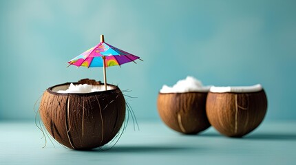 a freshly opened coconut with a small decorative umbrella inside it