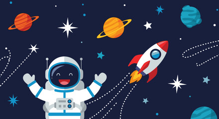 Cheerful cartoon astronaut exploring outer space with rocket planets and stars Fun science illustration