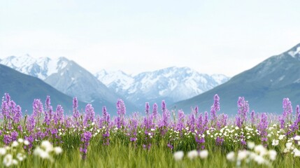 Fototapeta premium Delicate wildflowers in pastel tones spread across green meadow with mountains in background