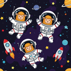 Cute sheep astronauts float in space with planets stars and rockets Ideal for childrens designs