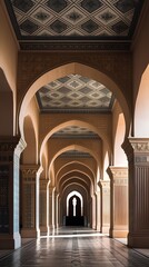 a grand hallway with tall, arching columns and intricate tile work on the floor and walls