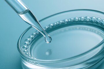 Dropper releases crystal-clear liquid into glassware, forming mesmerizing water droplets, perfect for scientific research, skincare formulations, or hydrating beauty concepts
