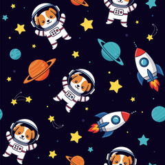 Cute cartoon astronaut dogs explore space with rockets planets and stars Fun cosmic adventure