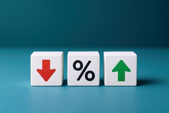 Three Financial Metrics Cubes Illustrate Rate Changes in a simple and minimalist infographic against a calming teal backdrop, ideal for business presentations