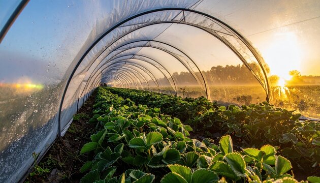 Cinematic agriculture photo of strawberry field tunnels breathing condensation at dawn, interior mist and gentle rim glow for fresh calm.