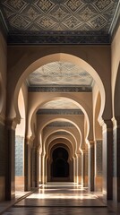 a grand hallway with tall, arching columns and intricate tile work on the floor and walls