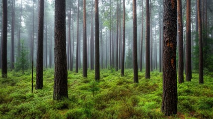 Obraz premium Dewy forest with pine trees wrapped in morning fog, perfect for mindful and nature-themed imagery