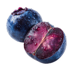 Close-up of two fresh blueberries, one whole and one halved, showing vibrant purple-blue hues and water droplets