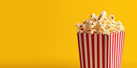 Cinema Popcorn: a Classic Movie Snack: A close-up view of a classic popcorn container filled with fluffy popcorn against a cheerful yellow background, a tasty treat.