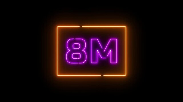 Neon a yellow design with the text "8M FOLLOWERS." The letters are stylized and illuminated, conveying a celebratory tone.Glowing neon text illuminating 8m in a rectangle against a black background.