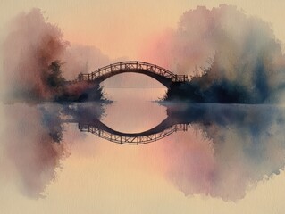 Bridge of Tranquility: A serene waterscape captures the essence of peace, with a delicate arched bridge gracefully mirrored in calm waters, framed by soft, atmospheric clouds.